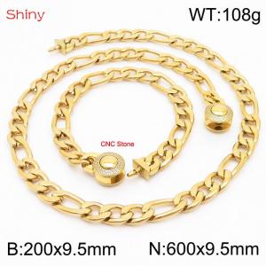 Fashion stainless steel 200x9.5mm&600x9.5mm3：1 thick chain circular polished buckle jewelry charm gold set - KS204113-Z