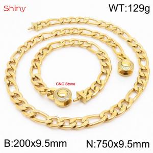Fashion stainless steel 200x9.5mm&750x9.5mm3：1 thick chain circular polished buckle jewelry charm gold set - KS204116-Z