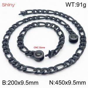 Fashion stainless steel 200x9.5mm&450x9.5mm3：1 thick chain circular polished buckle jewelry charm black set - KS204117-Z