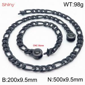 Fashion stainless steel 200x9.5mm&550x9.5mm3：1 thick chain circular polished buckle jewelry charm black set - KS204118-Z