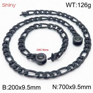 Fashion stainless steel 200x9.5mm&600x9.5mm3：1 thick chain circular polished buckle jewelry charm black set - KS204120-Z