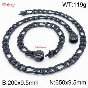 Fashion stainless steel 200x9.5mm&650x9.5mm3：1 thick chain circular polished buckle jewelry charm black set - KS204121-Z