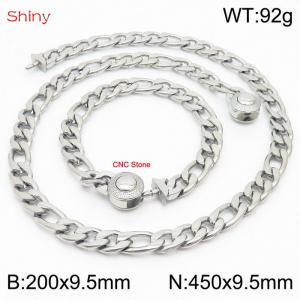 Fashion stainless steel 200x9.5mm&450x9.5mm3：1 thick chain circular polished buckle jewelry charm silver set - KS204124-Z