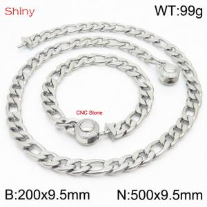 Fashion stainless steel 200x9.5mm&500x9.5mm3：1 thick chain circular polished buckle jewelry charm silver set - KS204125-Z