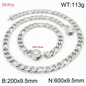 Fashion stainless steel 200x9.5mm&600x9.5mm3：1 thick chain circular polished buckle jewelry charm silver set - KS204127-Z