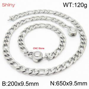 Fashion stainless steel 200x9.5mm&650x9.5mm3：1 thick chain circular polished buckle jewelry charm silver set - KS204128-Z