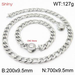 Fashion stainless steel 200x9.5mm&700x9.5mm3：1 thick chain circular polished buckle jewelry charm silver set - KS204129-Z