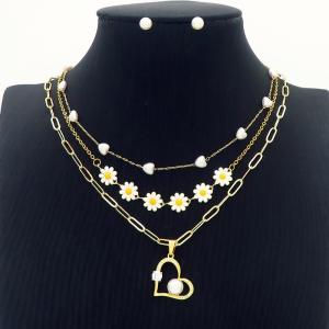 Heart & Sunflower Charm Three Layer Chain Necklace with Pearl Earring Jewelry Set Women Stainless Steel 304 Gold Color - KS204217-BI