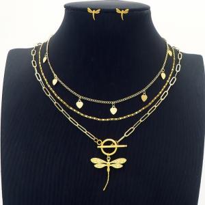 Dragonfly Charm Three Layer Chain Necklace & Earring Jewelry Set Women Stainless Steel 304 Gold Color - KS204226-BI