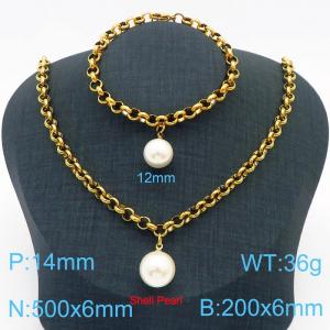 Stainless Steel Set Necklace And Bracelet O Chain With Shell Pearl Gold Color - KS204241-Z