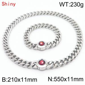 Personalized and trendy titanium steel polished Cuban chain silver bracelet necklace set, paired with red crystal snap closure - KS204254-Z