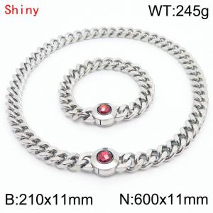 Personalized and trendy titanium steel polished Cuban chain silver bracelet necklace set, paired with red crystal snap closure - KS204255-Z