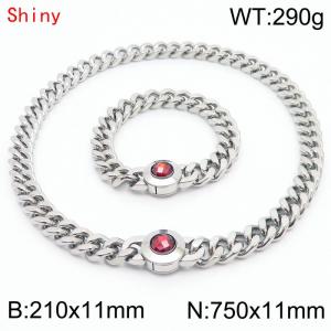 Personalized and trendy titanium steel polished Cuban chain silver bracelet necklace set, paired with red crystal snap closur - KS204258-Z