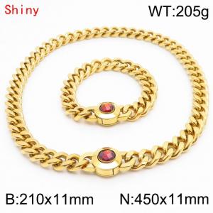 Personalized and trendy titanium steel polished Cuban chain gold bracelet necklace set, paired with red crystal snap closure - KS204259-Z