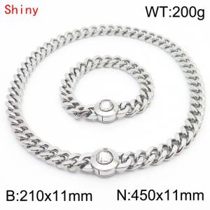 Personalized and trendy titanium steel polished Cuban chain silver bracelet necklace set, paired with white crystal snap closure - KS204280-Z