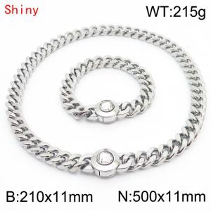 Personalized and trendy titanium steel polished Cuban chain silver bracelet necklace set, paired with white crystal snap closure - KS204281-Z