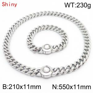 Personalized and trendy titanium steel polished Cuban chain silver bracelet necklace set, paired with white crystal snap closure - KS204282-Z