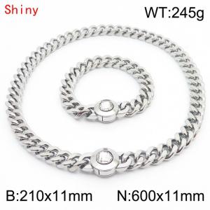 Personalized and trendy titanium steel polished Cuban chain silver bracelet necklace set, paired with white crystal snap closure - KS204283-Z