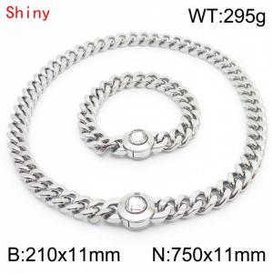 Personalized and trendy titanium steel polished Cuban chain silver bracelet necklace set, paired with white crystal snap closure - KS204286-Z