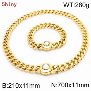 Personalized and trendy titanium steel polished Cuban chain gold bracelet necklace set, paired with white crystal snap closure - KS204292-Z