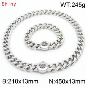 Personalized and trendy titanium steel polished Cuban chain silver bracelet necklace set with skull head buckle - KS204329-Z