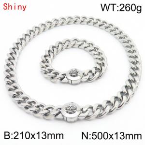 Personalized and trendy titanium steel polished Cuban chain silver bracelet necklace set with skull head buckle - KS204330-Z