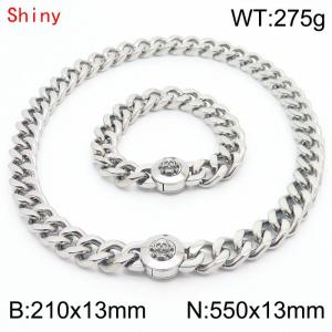Personalized and trendy titanium steel polished Cuban chain silver bracelet necklace set with skull head buckle - KS204331-Z