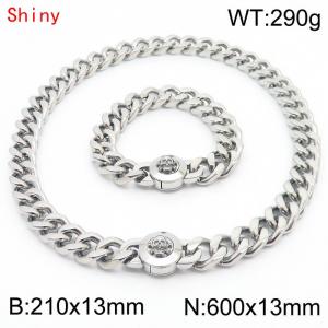 Personalized and trendy titanium steel polished Cuban chain silver bracelet necklace set with skull head buckle - KS204332-Z
