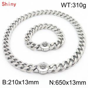 Personalized and trendy titanium steel polished Cuban chain silver bracelet necklace set with skull head buckle - KS204333-Z