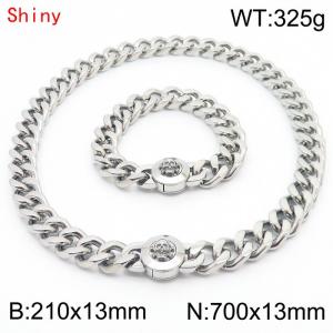 Personalized and trendy titanium steel polished Cuban chain silver bracelet necklace set with skull head buckle - KS204334-Z
