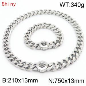 Personalized and trendy titanium steel polished Cuban chain silver bracelet necklace set with skull head buckle - KS204335-Z
