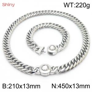 Simple Exaggerated Cuban Link Chain White Stone Clasp Stainless Steel 210×13mm Bracelet 450×13mm Necklace for Men Women Hip Hop Distorted Thick Chain Creative Fashion Glamour Jewelry Sets - KS204350-Z