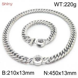 Personalized and popular titanium steel polished whip chain silver bracelet necklace set, paired with skull button - KS204357-Z