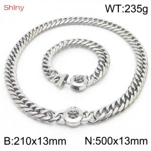 Personalized and popular titanium steel polished whip chain silver bracelet necklace set, paired with skull button - KS204358-Z