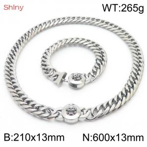Personalized and popular titanium steel polished whip chain silver bracelet necklace set, paired with skull button - KS204360-Z