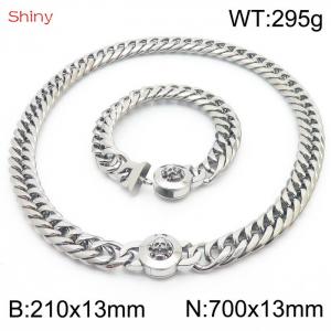 Personalized and popular titanium steel polished whip chain silver bracelet necklace set, paired with skull button - KS204362-Z