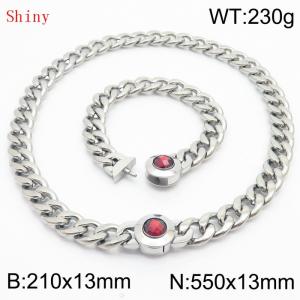 Stainless Steel&Red Zircon Cuban Chain Jewelry Set with 210mm Bracelet&550mm Necklace - KS204391-Z