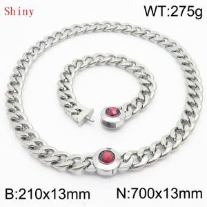 Stainless Steel&Red Zircon Cuban Chain Jewelry Set with 210mm Bracelet&700mm Necklace - KS204394-Z