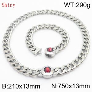 Stainless Steel&Red Zircon Cuban Chain Jewelry Set with 210mm Bracelet&750mm Necklace - KS204395-Z