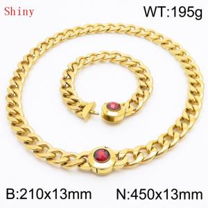 Gold-Plated Stainless Steel&Red Zircon Cuban Chain Jewelry Set with 210mm Bracelet&450mm Necklace - KS204396-Z