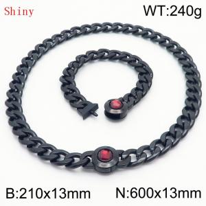 Black-Plated Stainless Steel&Red Zircon Cuban Chain Jewelry Set with 210mm Bracelet&600mm Necklace - KS204406-Z