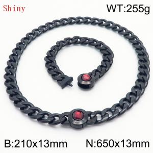 Black-Plated Stainless Steel&Red Zircon Cuban Chain Jewelry Set with 210mm Bracelet&650mm Necklace - KS204407-Z