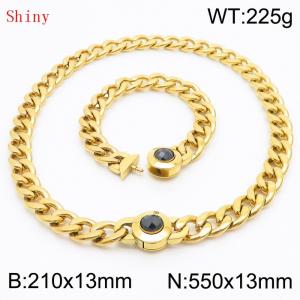 Gold-Plated Stainless Steel&Black Zircon Cuban Chain Jewelry Set with 210mm Bracelet&550mm Necklace - KS204419-Z