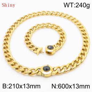 Gold-Plated Stainless Steel&Black Zircon Cuban Chain Jewelry Set with 210mm Bracelet&600mm Necklace - KS204420-Z