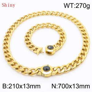 Gold-Plated Stainless Steel&Black Zircon Cuban Chain Jewelry Set with 210mm Bracelet&700mm Necklace - KS204422-Z