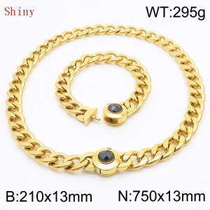 Gold-Plated Stainless Steel&Black Zircon Cuban Chain Jewelry Set with 210mm Bracelet&750mm Necklace - KS204423-Z
