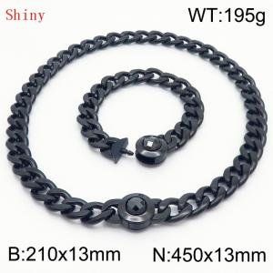 Black-Plated Stainless Steel&Black Zircon Cuban Chain Jewelry Set with 210mm Bracelet&450mm Necklace - KS204424-Z