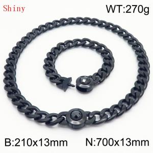 Black-Plated Stainless Steel&Black Zircon Cuban Chain Jewelry Set with 210mm Bracelet&700mm Necklace - KS204429-Z