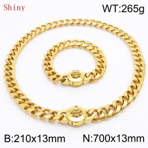 Fashionable and personalized stainless steel 210×13mm&700×13mm Cuban Chain Polished Round Buckle Inlaid Skull Head Charm Gold Set - KS204548-Z