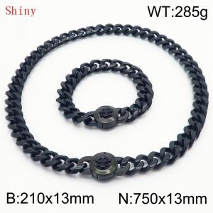 Fashionable and personalized stainless steel 210×13mm&750×13mm Cuban Chain Polished Round Buckle Inlaid Skull Head Charm Black Set - KS204556-Z